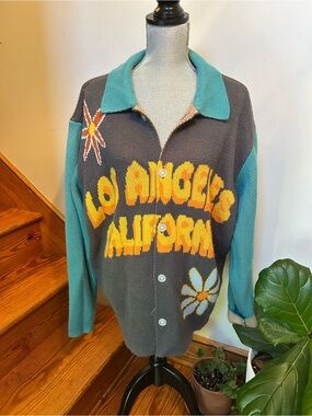 PacSun Teal & Charcoal 'Los Angeles California' Knit Cardigan